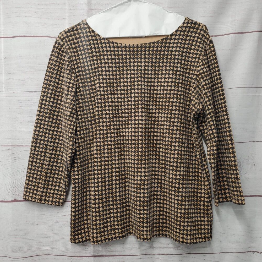 VTG Talbots Houndstooth Abstract Patterned Top Size L? 3/4 Sleeve Slit Side READ